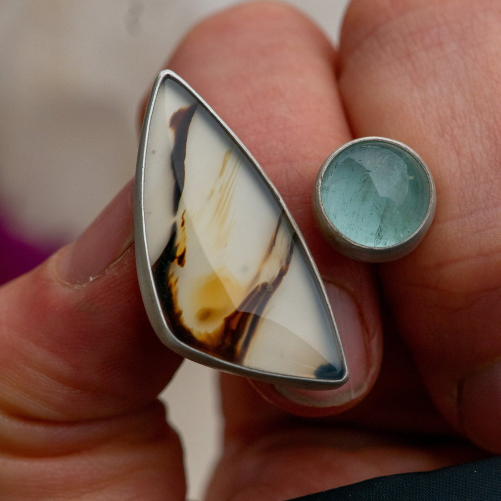 
                  
                    ACROSS THE UNIVERSE MONTANA AGATE + AQUAMARINE RING - Fly Free
                  
                