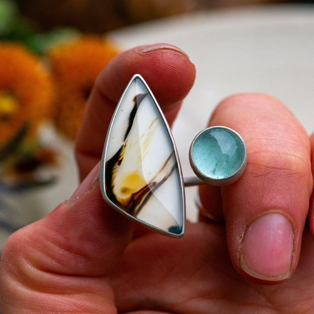 ACROSS THE UNIVERSE MONTANA AGATE + AQUAMARINE RING - Fly Free