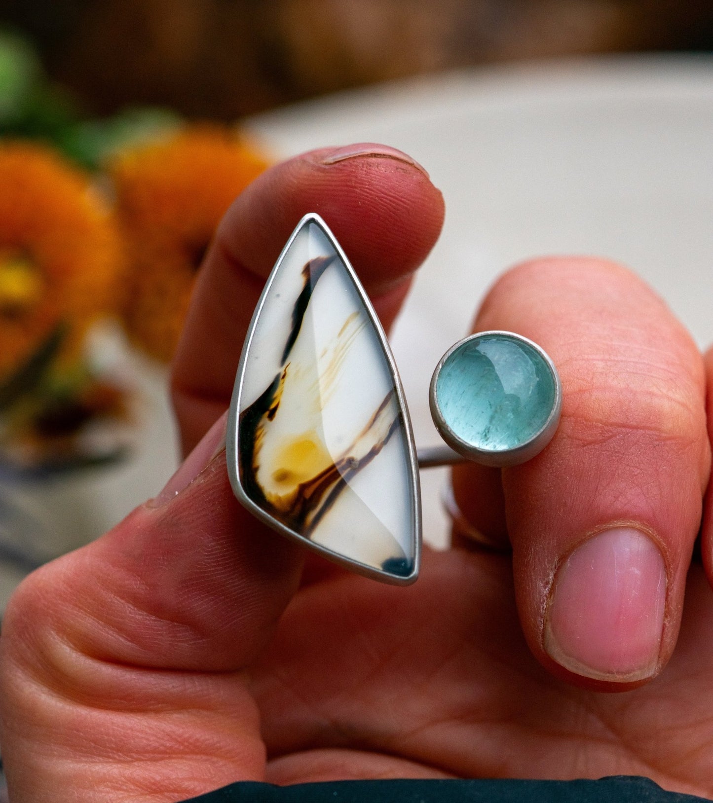 ACROSS THE UNIVERSE MONTANA AGATE + AQUAMARINE RING - Fly Free