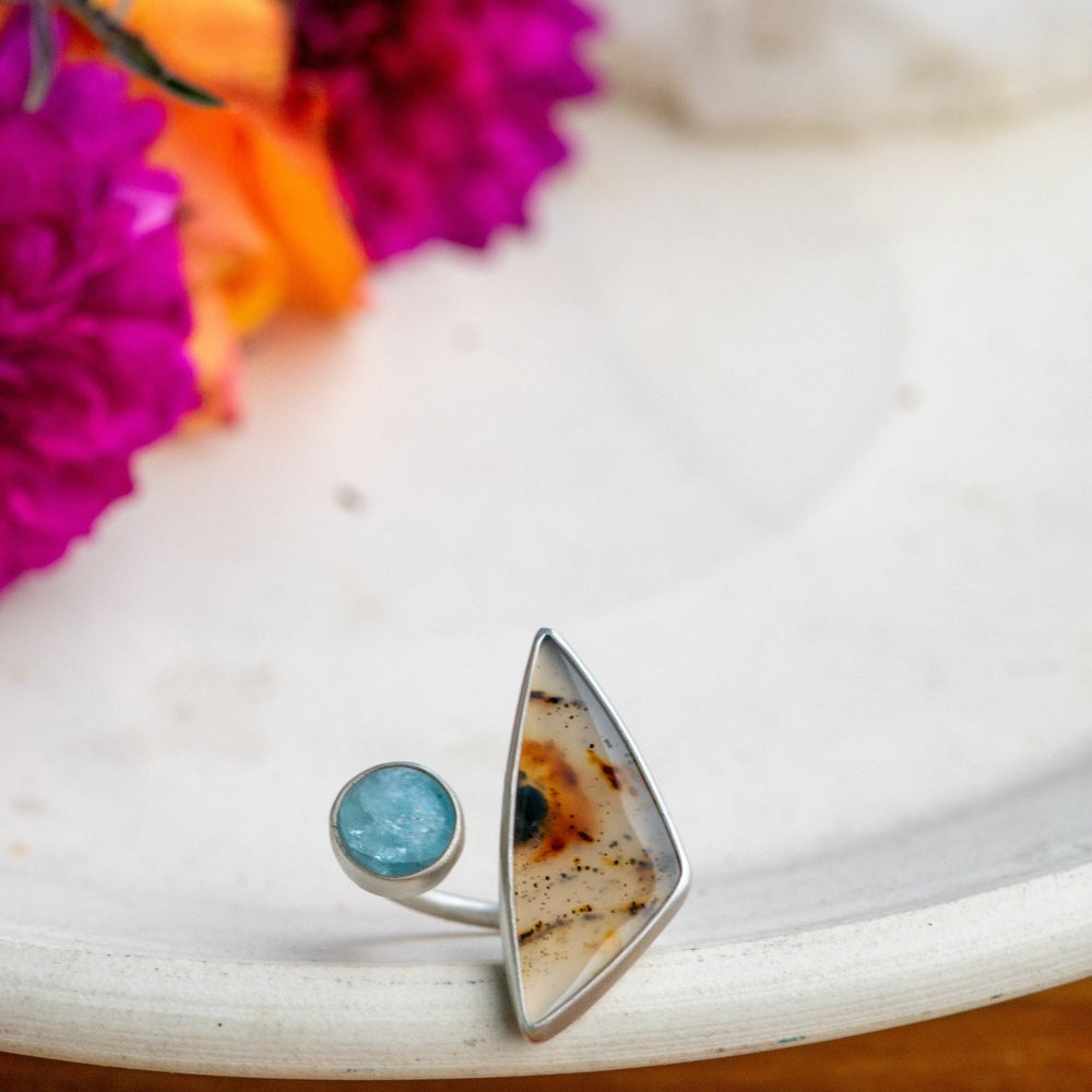 FIRE AND ICE MONTANA AGATE + AQUAMARINE RING - Fly Free