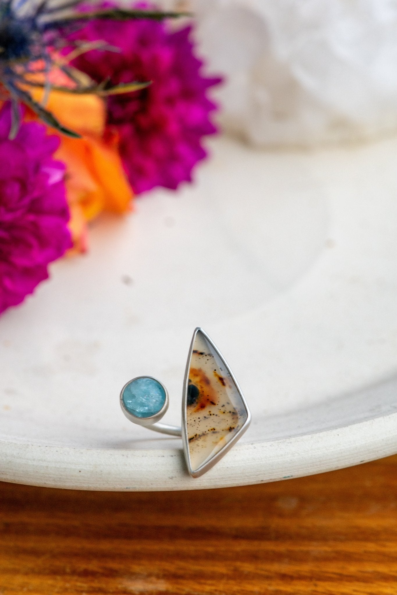 FIRE AND ICE MONTANA AGATE + AQUAMARINE RING - Fly Free