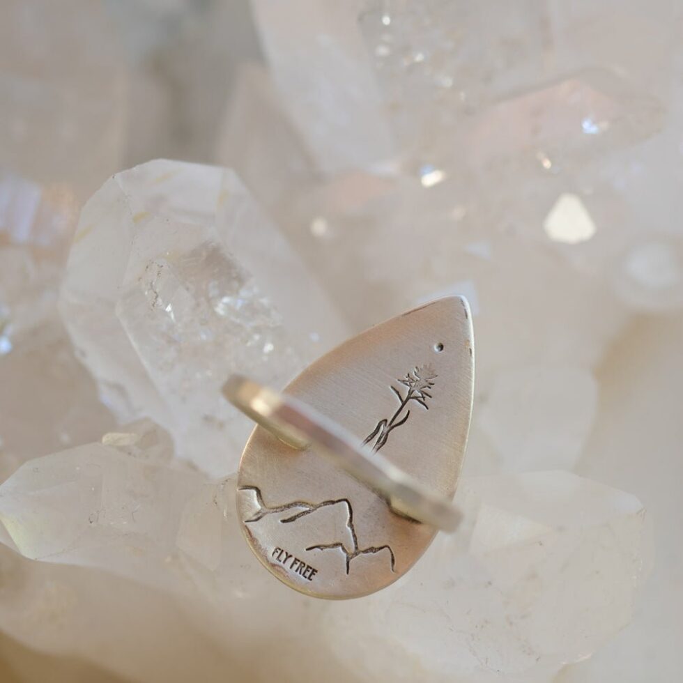 An ode to mighty grasses. And the spirit of fly free are the intentions stamped in the back of this ring